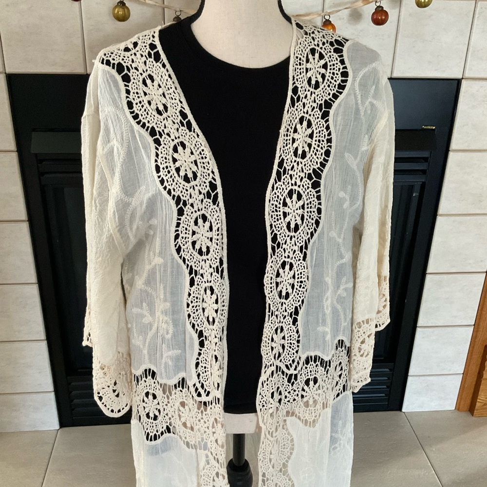Crochet Open Weave Detail Longline Kimono, One Size Fits Most - Picture 2 of 11